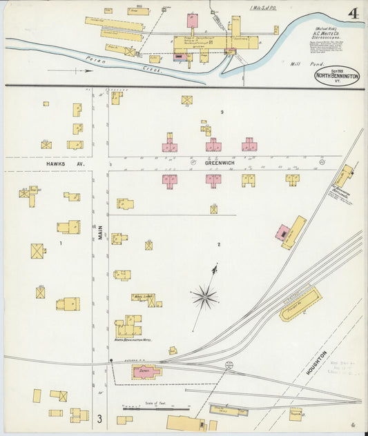 Sanborn Fire Insurance Map from North Bennington, Bennington County, Vermont (1901), Sheet #0004 - Historic Sanborn Fire Insurance Map Print, vintage old map wall art, antique decor, genealogy gift, Vermont Vermont map