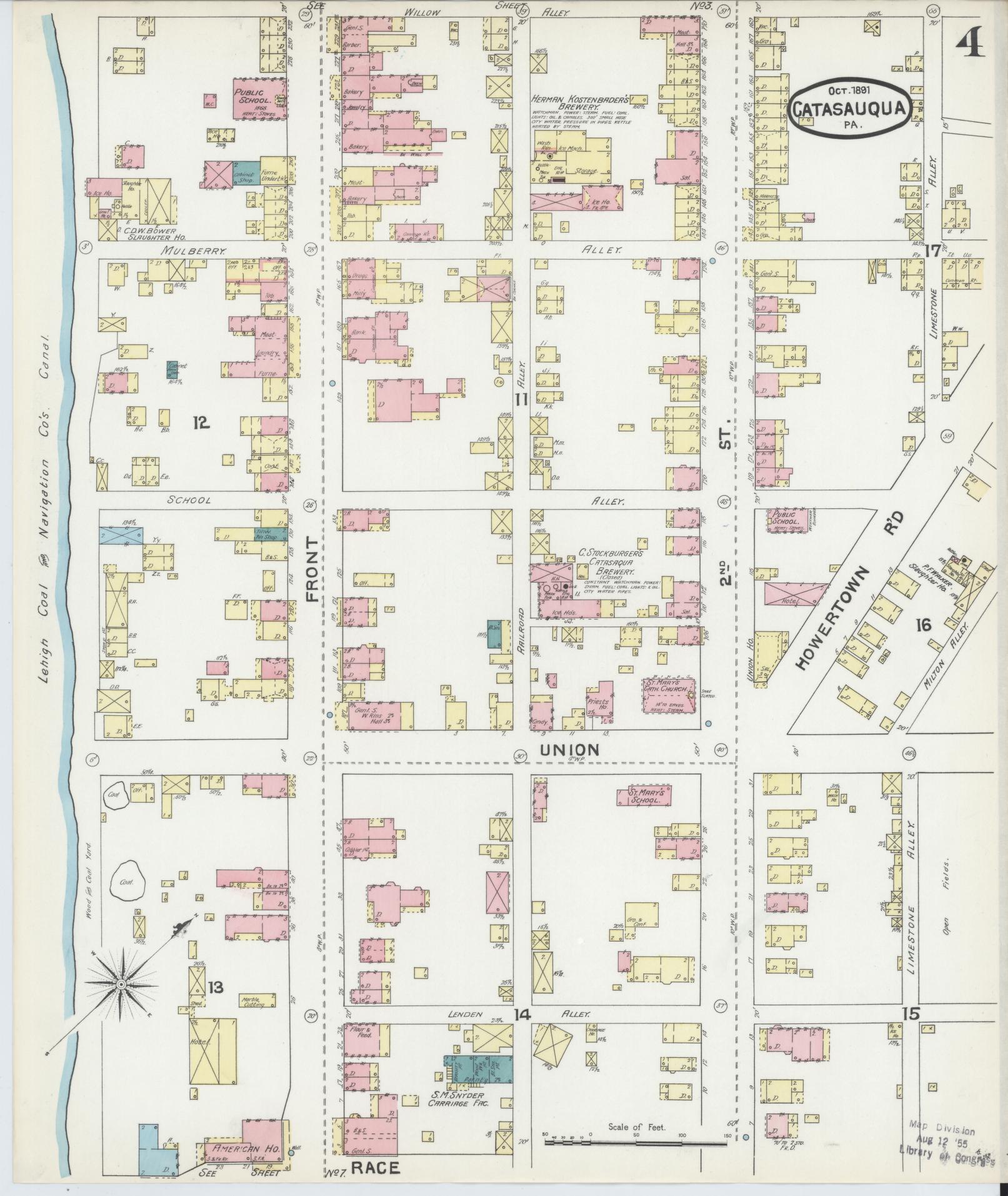 Sanborn Fire Insurance Map from Catasauqua, Lehigh County, Pennsylvania (1891), Sheet #0004 - Historic Sanborn Fire Insurance Map Print, vintage old map wall art, antique decor, genealogy gift, Pennsylvania Pennsylvania map