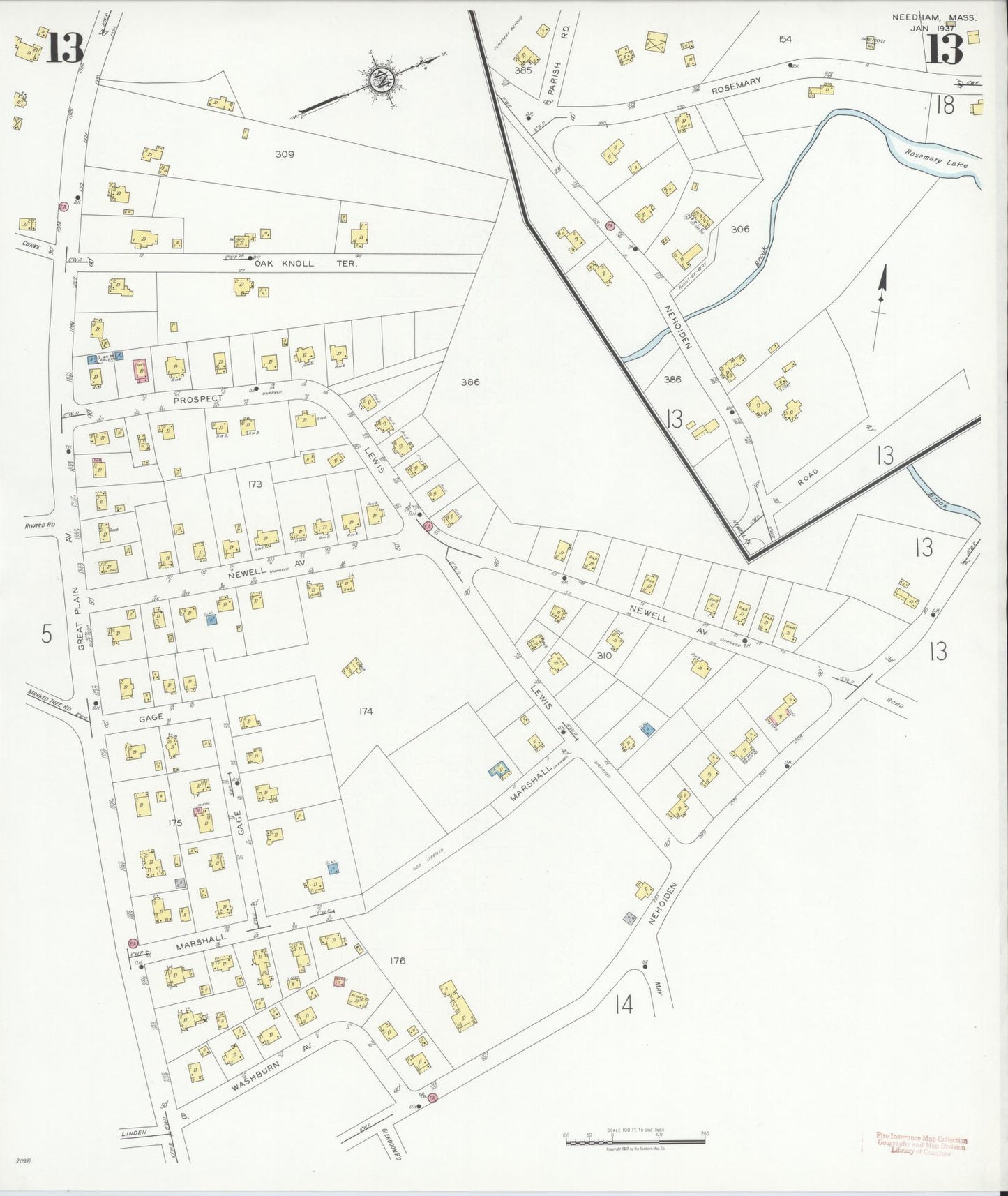 Sanborn Fire Insurance Map from Needham, Norfolk County, Massachusetts (1937), Sheet #0013 - Complete Map Set gallery image, historic Sanborn map, vintage wall art, Massachusetts Massachusetts