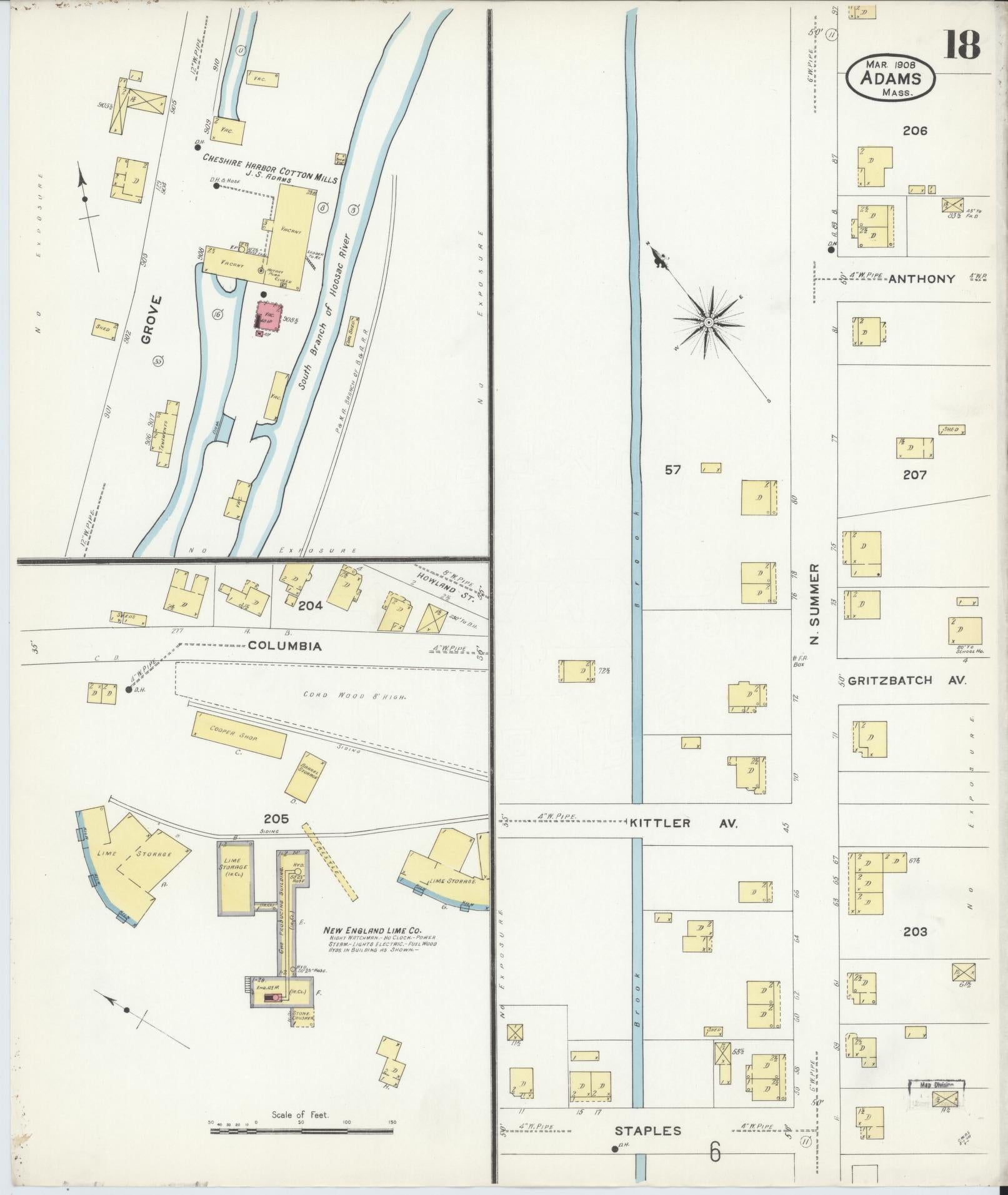 Sanborn Fire Insurance Map from Adams, Berkshire County, Massachusetts (1908), Sheet #0018 - Complete Map Set gallery image, historic Sanborn map, vintage wall art, Massachusetts Massachusetts