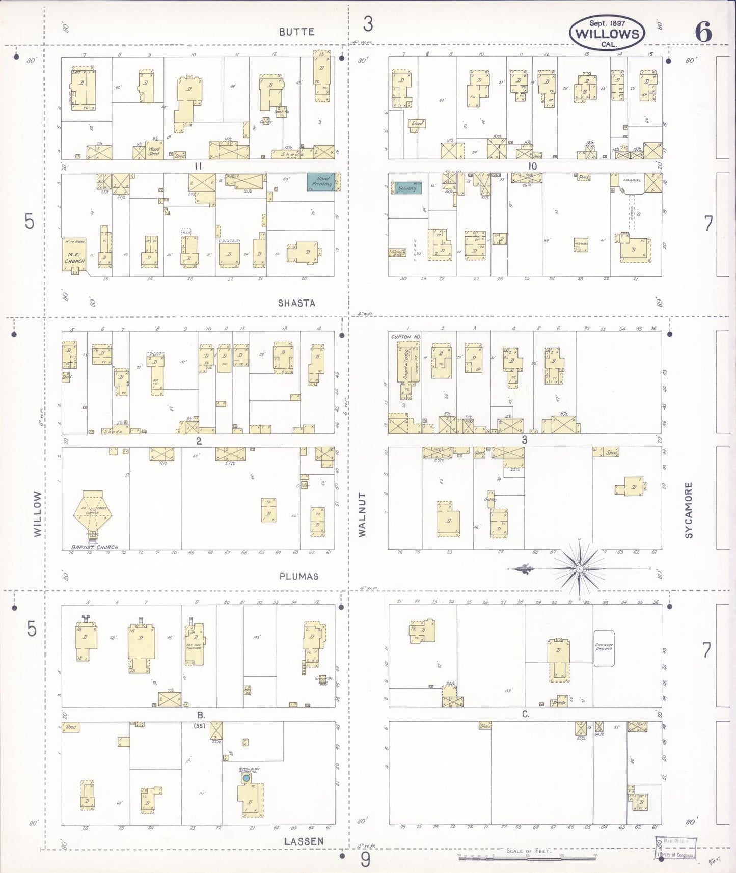 Sanborn Fire Insurance Map from Willows, Glenn County, California (1897), Sheet #0006 - Complete Map Set gallery image, historic Sanborn map, vintage wall art, California California