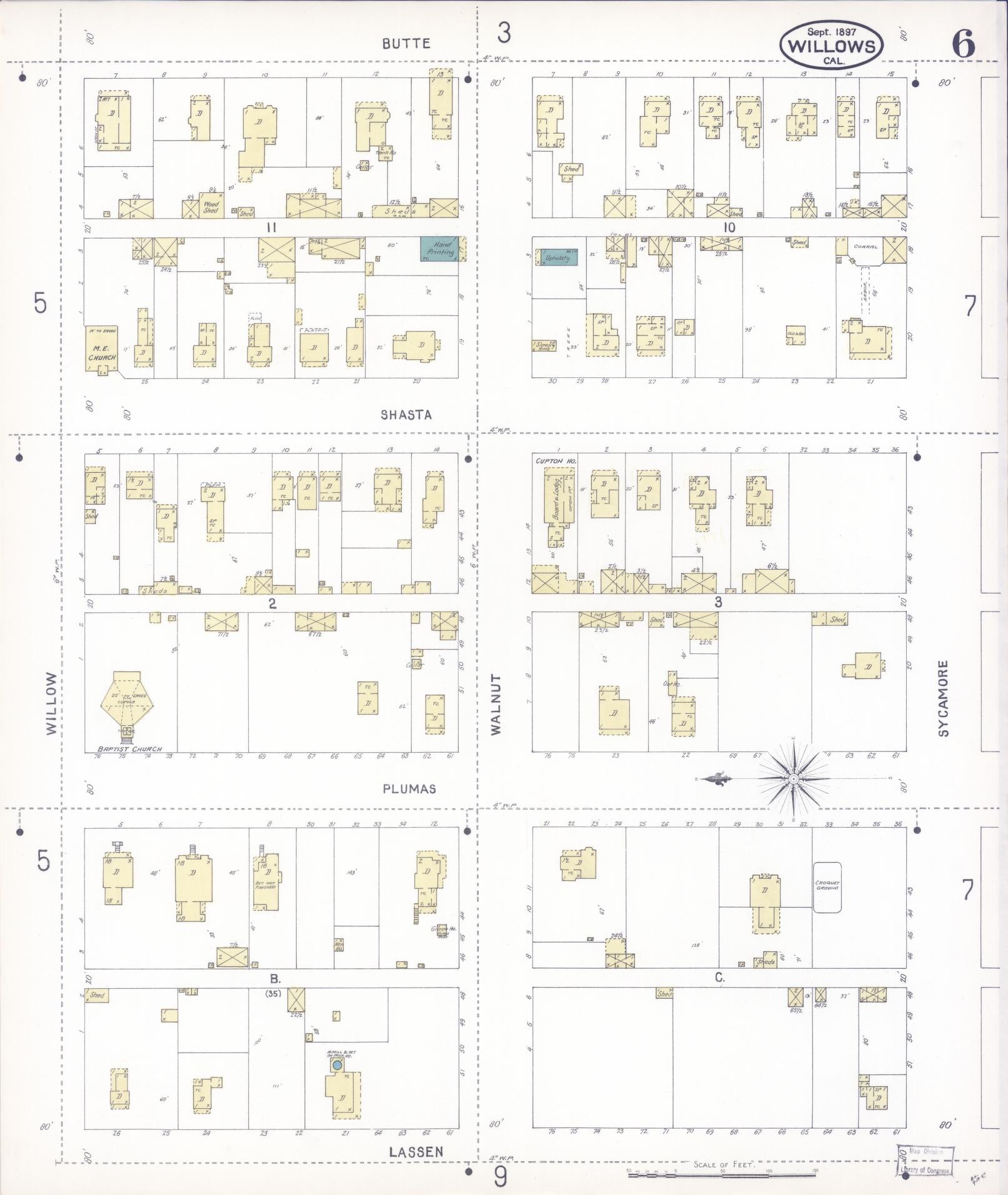 Sanborn Fire Insurance Map from Willows, Glenn County, California (1897), Sheet #0006 - Complete Map Set gallery image, historic Sanborn map, vintage wall art, California California