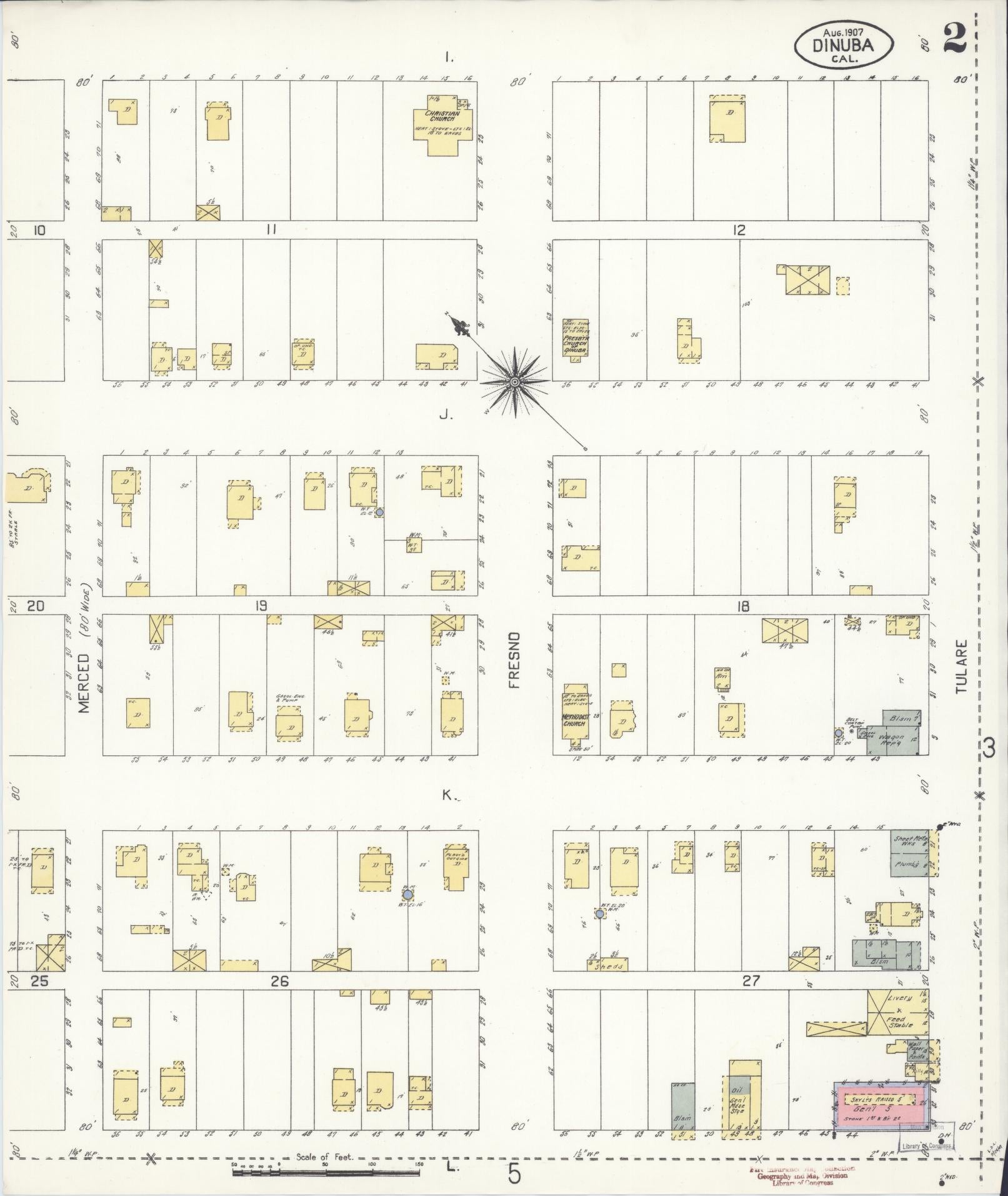 Sanborn Fire Insurance Map from Dinuba, Tulare County, California (1907), Sheet #0002 - Complete Map Set gallery image, historic Sanborn map, vintage wall art, California California