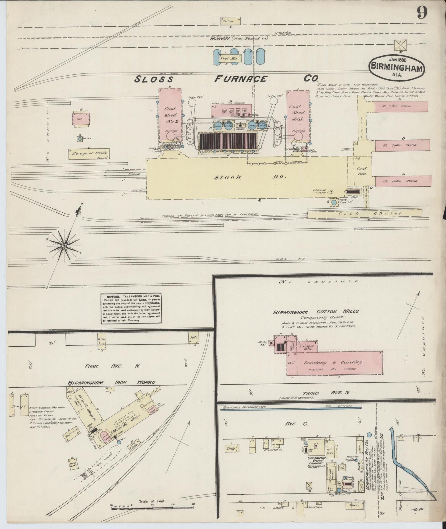 Sanborn Fire Insurance Map from Birmingham, Jefferson County, Alabama (1885), Sheet #0009 - Complete Map Set gallery image, historic Sanborn map, vintage wall art, Alabama Alabama