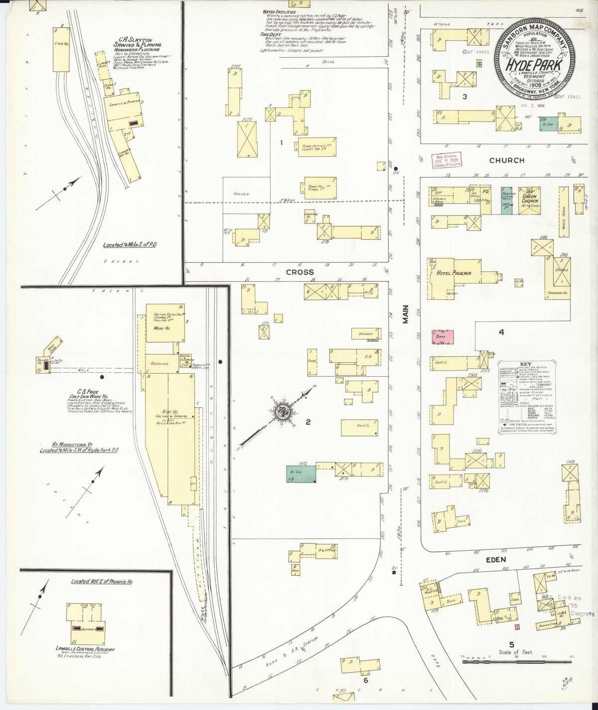 Sanborn Fire Insurance Map from Hyde Park, Lamoille County, Vermont (1909), Sheet #0001 - Historic Sanborn Fire Insurance Map Print, vintage old map wall art, antique decor, genealogy gift, Vermont Vermont map