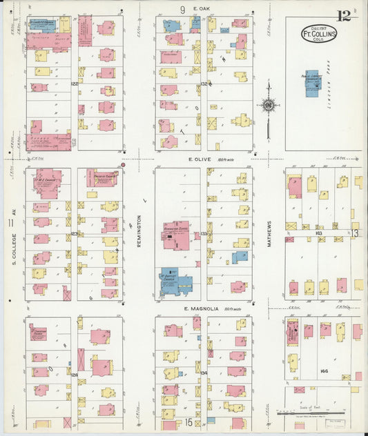 Sanborn Fire Insurance Map from Fort Collins, Larimer County, Colorado (1917), Sheet #0012 - Historic Sanborn Fire Insurance Map Print, vintage old map wall art, antique decor, genealogy gift, Colorado Colorado map