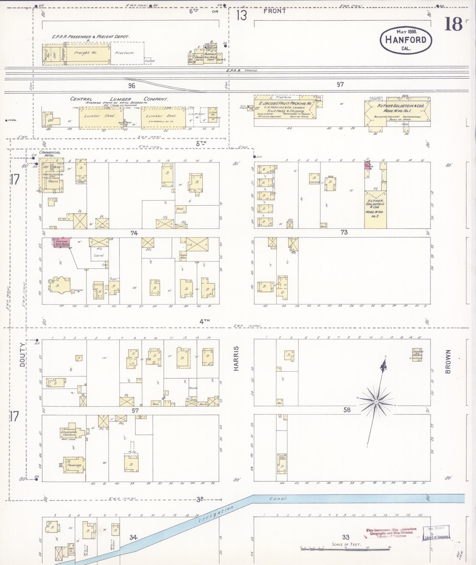 Sanborn Fire Insurance Map from Hanford, Kings County, California (1898), Sheet #0018 - Historic Sanborn Fire Insurance Map Print, vintage old map wall art, antique decor, genealogy gift, California California map