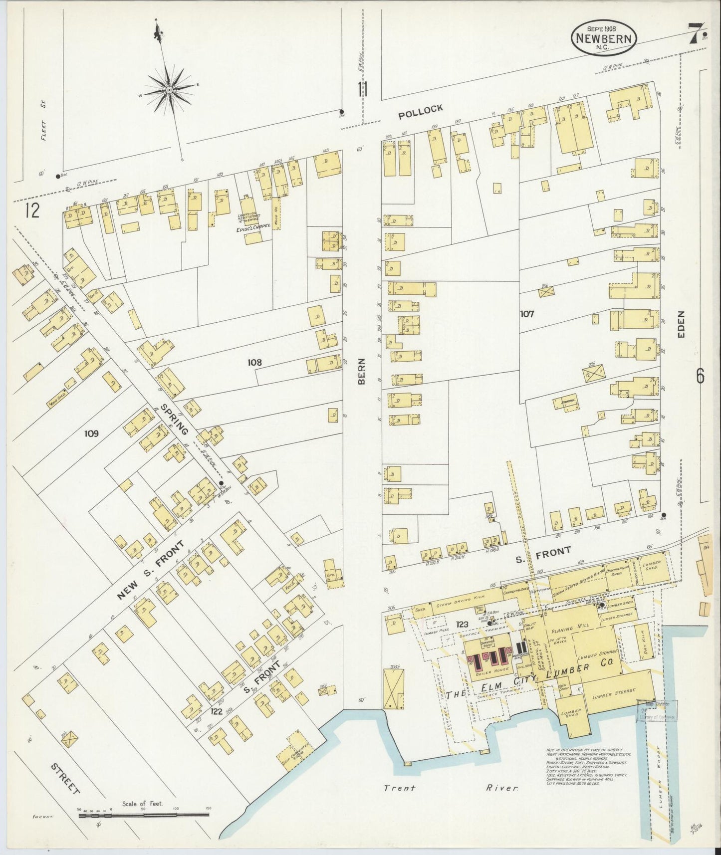 Sanborn Fire Insurance Map from New Bern, Craven County, North Carolina (1908), Sheet #0007 - Complete Map Set gallery image, historic Sanborn map, vintage wall art, North Carolina North Carolina