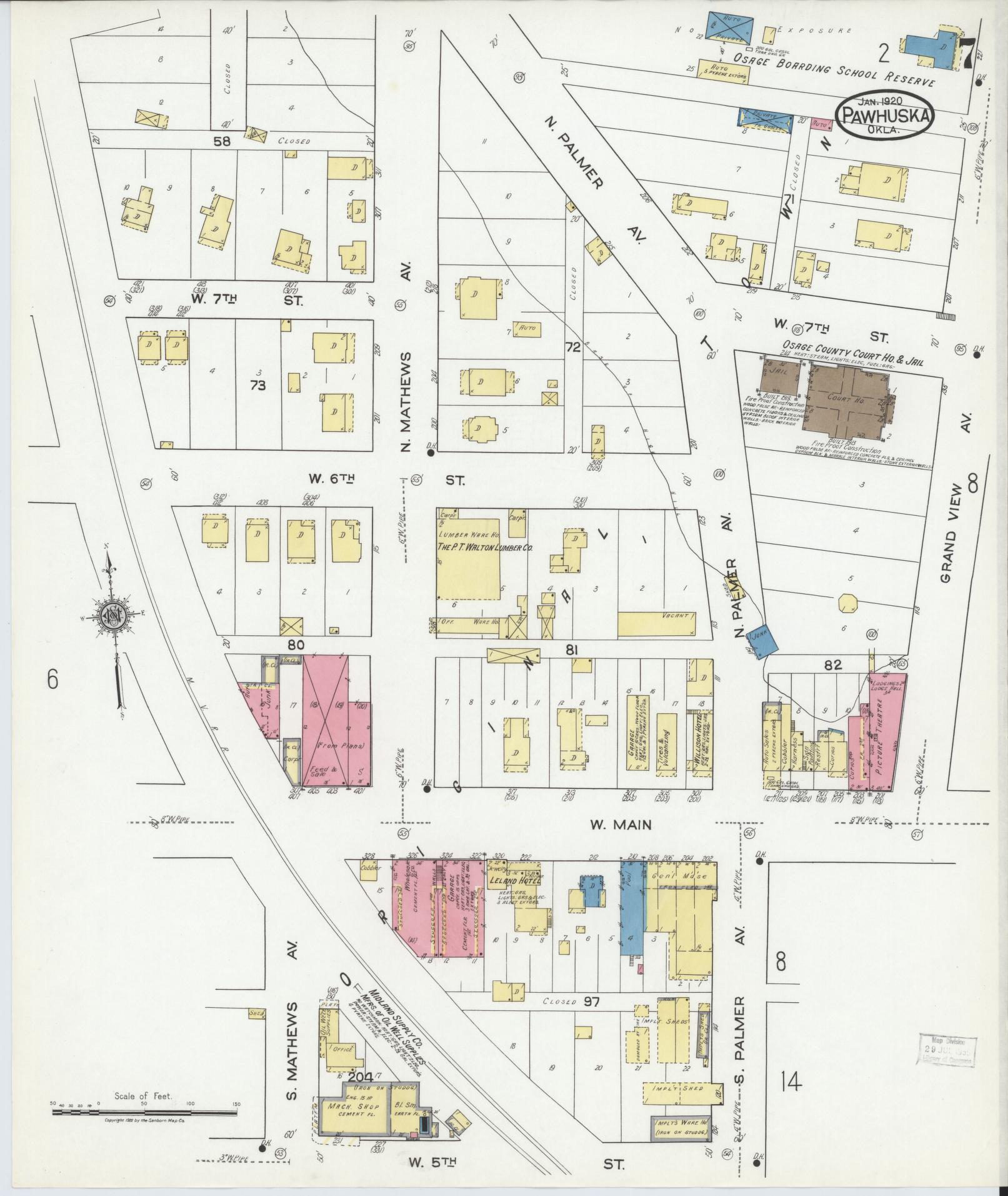 Sanborn Fire Insurance Map from Pawhuska, Osage County, Oklahoma (1920), Sheet #0007 - Complete Map Set gallery image, historic Sanborn map, vintage wall art, Oklahoma Oklahoma