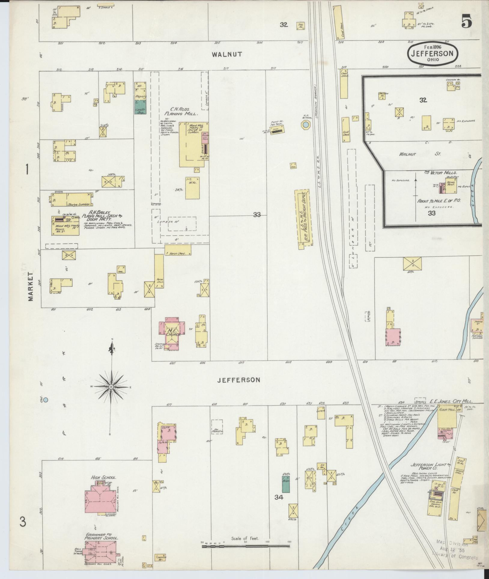 Sanborn Fire Insurance Map from Jefferson, Ashtabula County, Ohio (1896), Sheet #0005 - Historic Sanborn Fire Insurance Map Print, vintage old map wall art, antique decor, genealogy gift, Ohio Ohio map