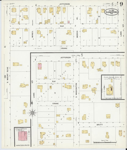 Sanborn Fire Insurance Map from Siloam Springs, Benton County, Arkansas (1908), Sheet #0009 - Complete Map Set gallery image, historic Sanborn map, vintage wall art, Arkansas Arkansas