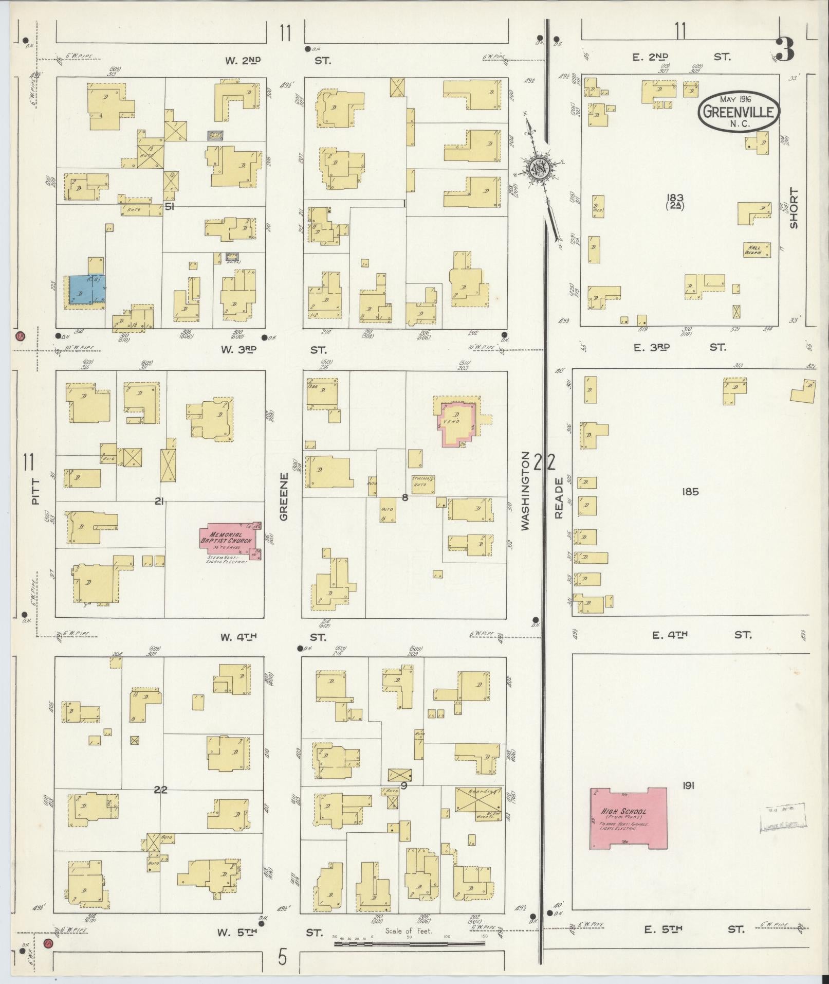 Sanborn Fire Insurance Map from Greenville, Pitt County, North Carolina (1916), Sheet #0003 - Complete Map Set gallery image, historic Sanborn map, vintage wall art, North Carolina North Carolina