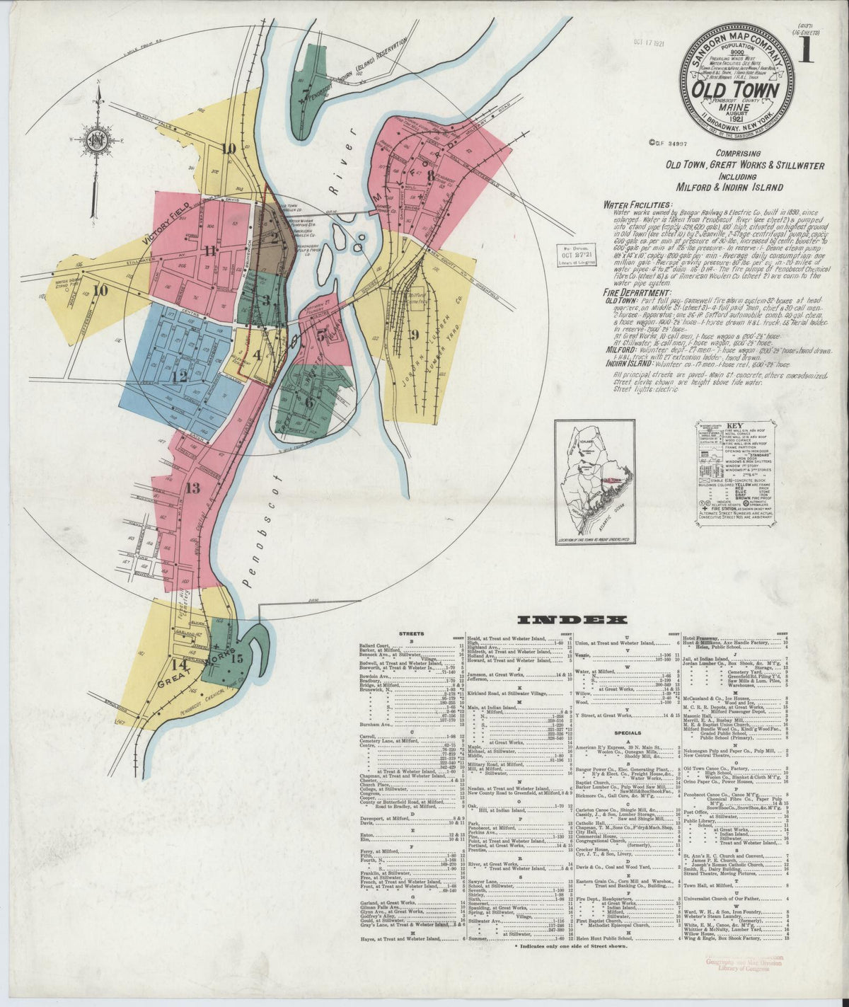 Sanborn Fire Insurance Map from Old Town, Penobscot County, Maine (1921), Sheet #0001 - Complete Map Set gallery image, historic Sanborn map, vintage wall art, Maine Maine