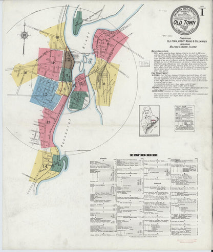 Sanborn Fire Insurance Map from Old Town, Penobscot County, Maine (1921), Sheet #0001 - Complete Map Set gallery image, historic Sanborn map, vintage wall art, Maine Maine