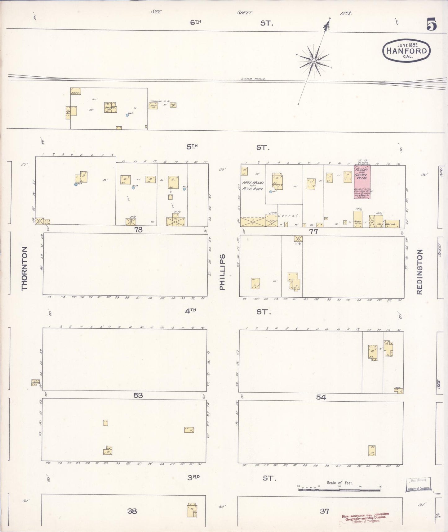 Sanborn Fire Insurance Map from Hanford, Kings County, California (1892), Sheet #0005 - Historic Sanborn Fire Insurance Map Print, vintage old map wall art, antique decor, genealogy gift, California California map