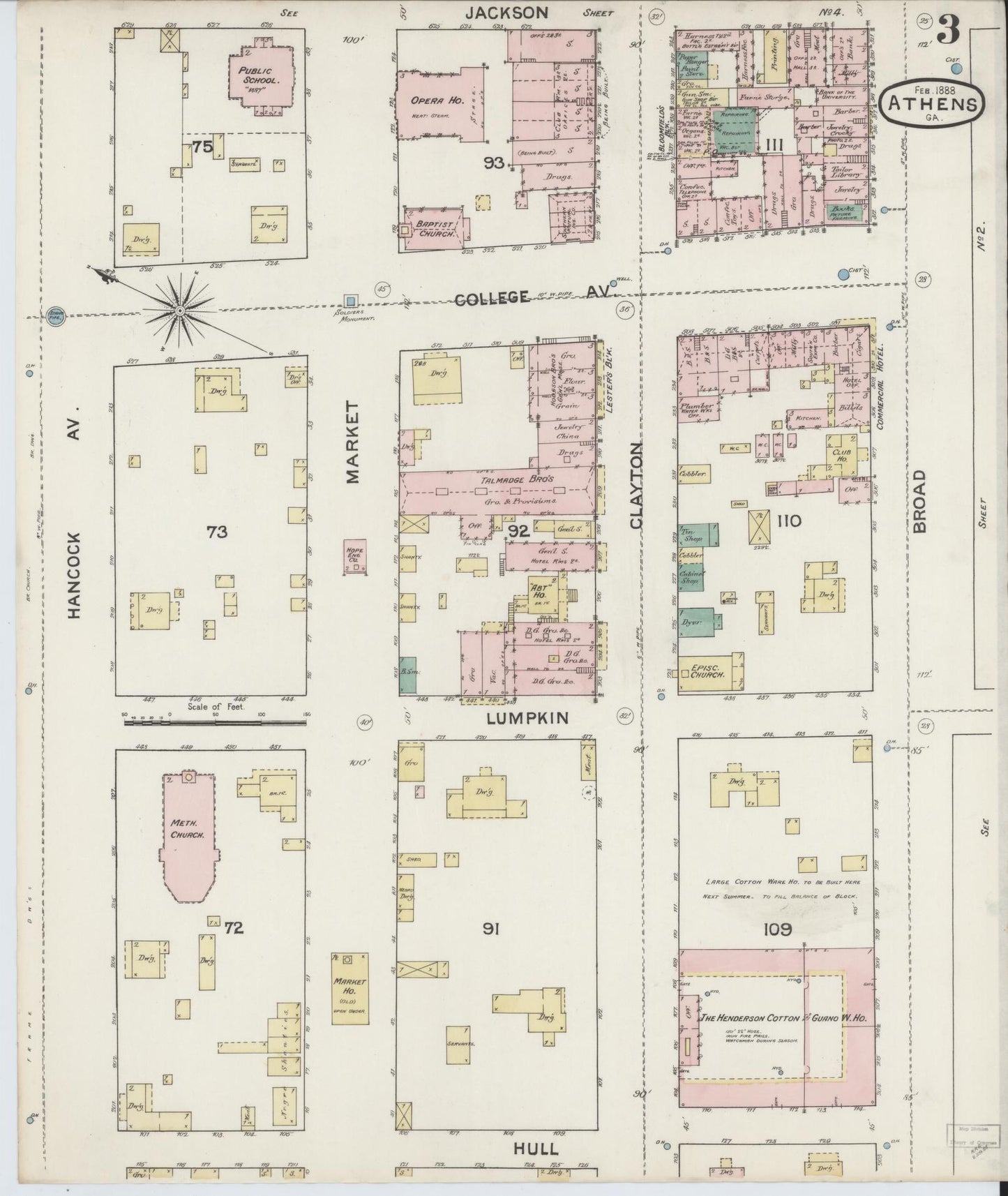 Sanborn Fire Insurance Map from Athens, Clarke County, Georgia (1888), Sheet #0003 - Historic Sanborn Fire Insurance Map Print, vintage old map wall art, antique decor, genealogy gift, Georgia Georgia map