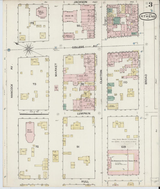 Sanborn Fire Insurance Map from Athens, Clarke County, Georgia (1888), Sheet #0003 - Historic Sanborn Fire Insurance Map Print, vintage old map wall art, antique decor, genealogy gift, Georgia Georgia map
