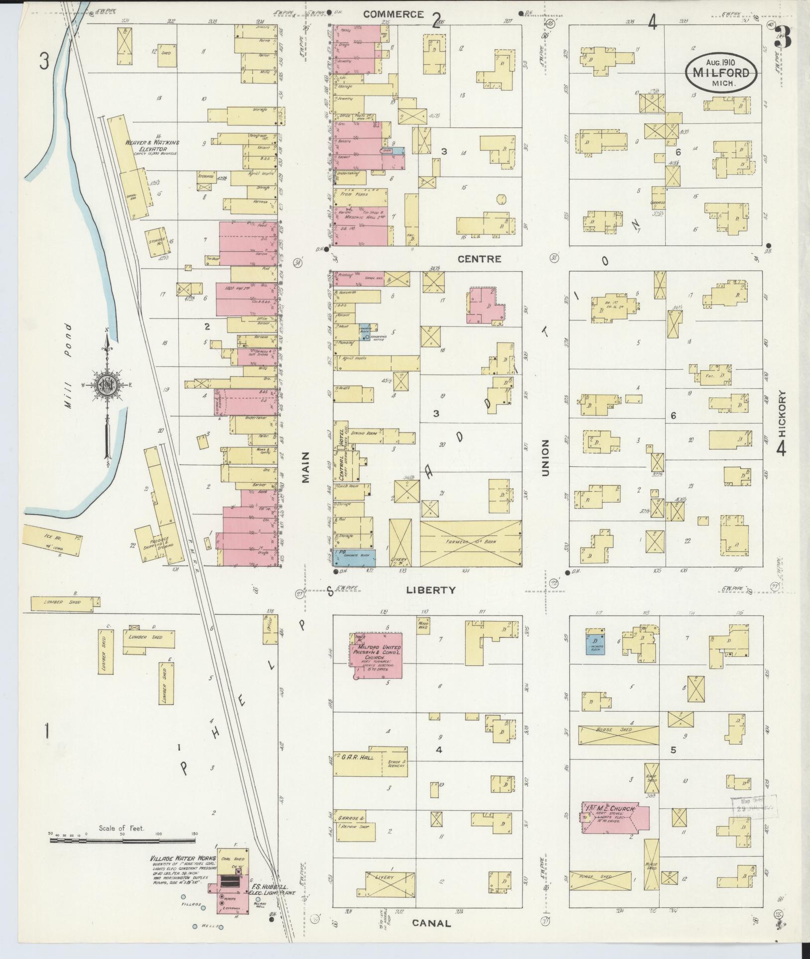 Sanborn Fire Insurance Map from Milford, Oakland County, Michigan (1910), Sheet #0003 - Complete Map Set gallery image, historic Sanborn map, vintage wall art, Michigan Michigan