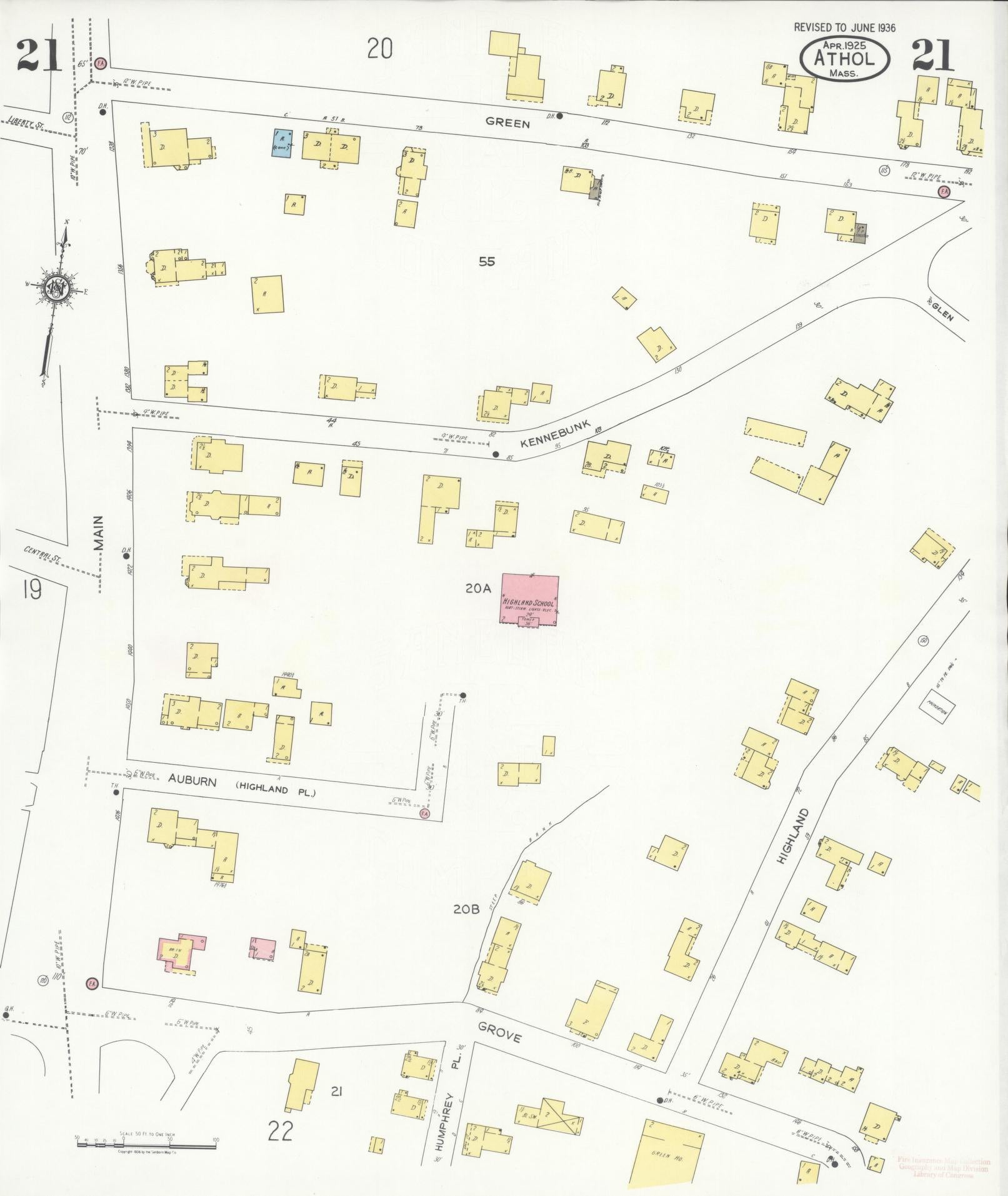 Sanborn Fire Insurance Map from Athol, Worcester County, Massachusetts (1936), Sheet #0021 - Historic Sanborn Fire Insurance Map Print, vintage old map wall art, antique decor, genealogy gift, Massachusetts Massachusetts map