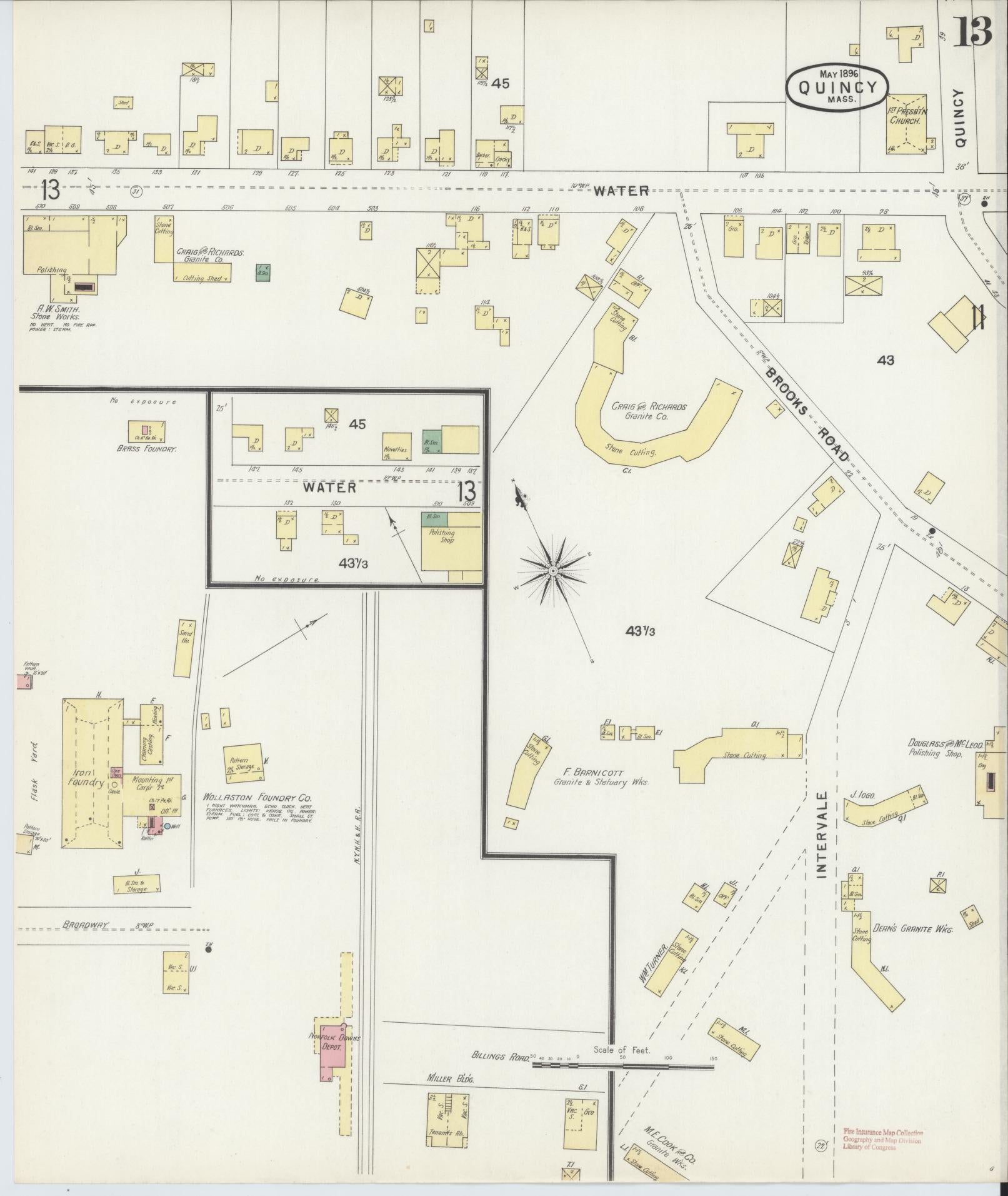 Sanborn Fire Insurance Map from Quincy, Norfolk County, Massachusetts (1896), Sheet #0013 - Complete Map Set gallery image, historic Sanborn map, vintage wall art, Massachusetts Massachusetts