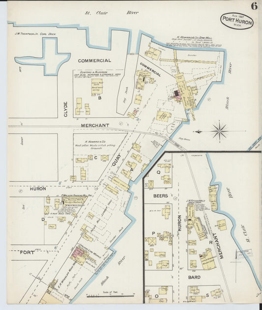 Sanborn Fire Insurance Map from Port Huron, Saint Clair County, Michigan (1887), Sheet #0006 - Historic Sanborn Fire Insurance Map Print, vintage old map wall art, antique decor, genealogy gift, Michigan Michigan map