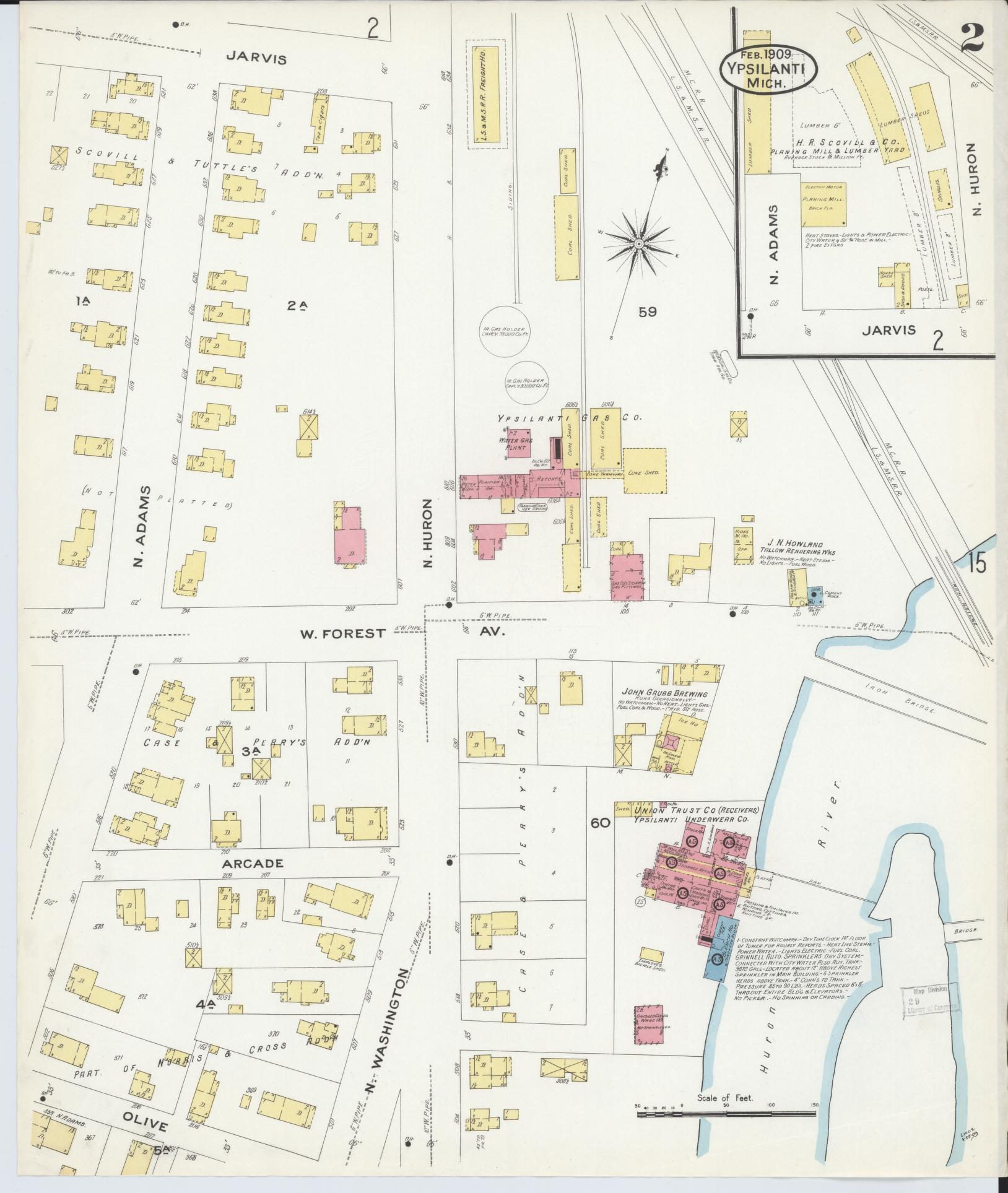 Sanborn Fire Insurance Map from Ypsilanti, Washtenaw County, Michigan (1909), Sheet #0002 - Complete Map Set gallery image, historic Sanborn map, vintage wall art, Michigan Michigan