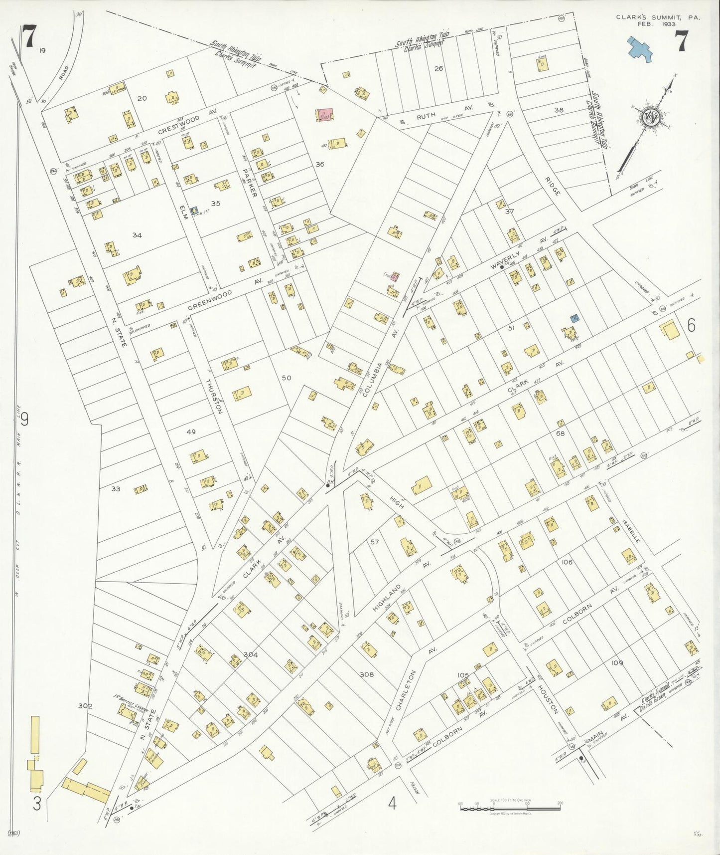 Sanborn Fire Insurance Map from Clark's Summit, Lackawanna County, Pennsylvania (1933), Sheet #0007 - Complete Map Set gallery image, historic Sanborn map, vintage wall art, Pennsylvania Pennsylvania