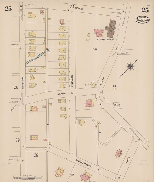 Sanborn Fire Insurance Map from Bluefield, Mercer County, West Virginia (1922), Sheet #0025 - Historic Sanborn Fire Insurance Map Print, vintage old map wall art, antique decor, genealogy gift, West Virginia West Virginia map