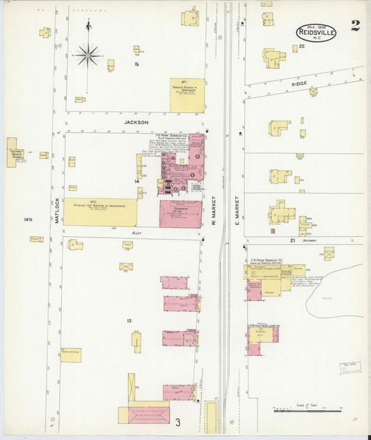 Sanborn Fire Insurance Map from Reidsville, Rockingham County, North Carolina (1908), Sheet #0002 - Historic Sanborn Fire Insurance Map Print, vintage old map wall art, antique decor, genealogy gift, North Carolina North Carolina map