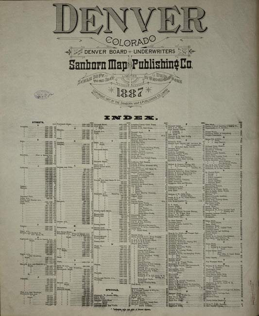 Sanborn Fire Insurance Map from Denver, Denver County, Colorado (1887), Sheet #0001 - Historic Sanborn Fire Insurance Map Print, vintage old map wall art, antique decor, genealogy gift, Colorado Colorado map