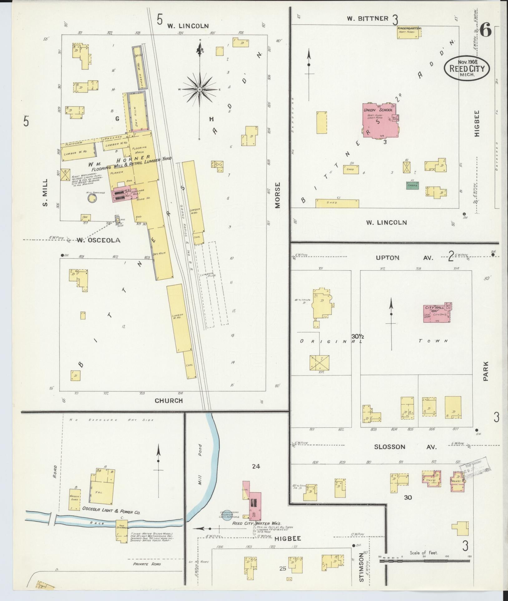 Sanborn Fire Insurance Map from Reed City, Osceola County, Michigan (1908), Sheet #0006 - Historic Sanborn Fire Insurance Map Print, vintage old map wall art, antique decor, genealogy gift, Michigan Michigan map