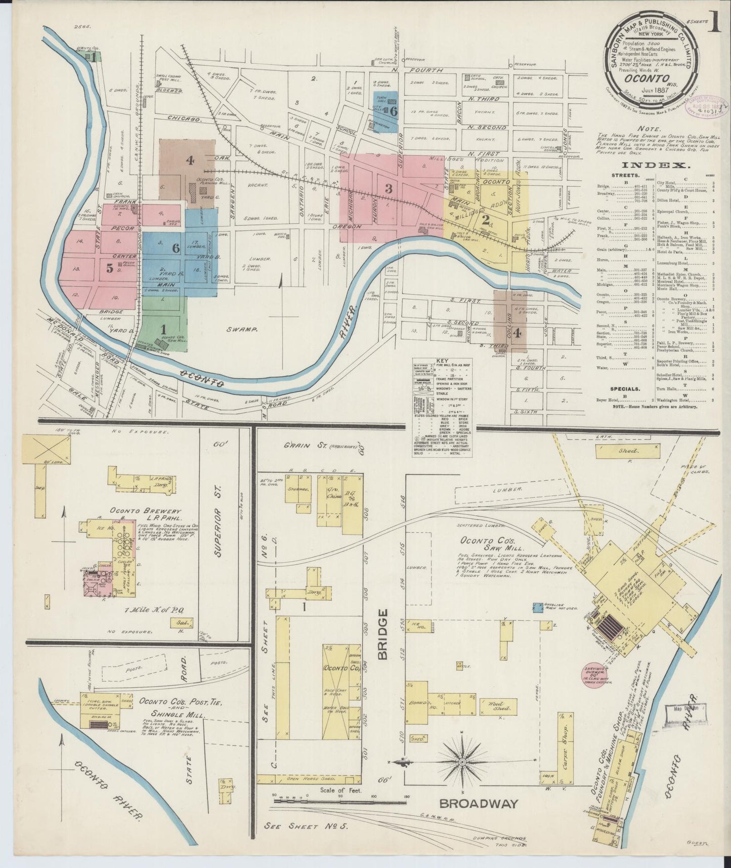Sanborn Fire Insurance Map from Oconto, Oconto County, Wisconsin (1887), Sheet #0001 - Complete Map Set gallery image, historic Sanborn map, vintage wall art, Wisconsin Wisconsin