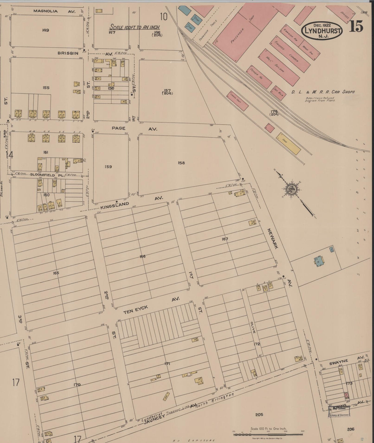 Sanborn Fire Insurance Map from Lyndhurst, Bergen County, New Jersey (1922), Sheet #0015 - Complete Map Set gallery image, historic Sanborn map, vintage wall art, New Jersey New Jersey