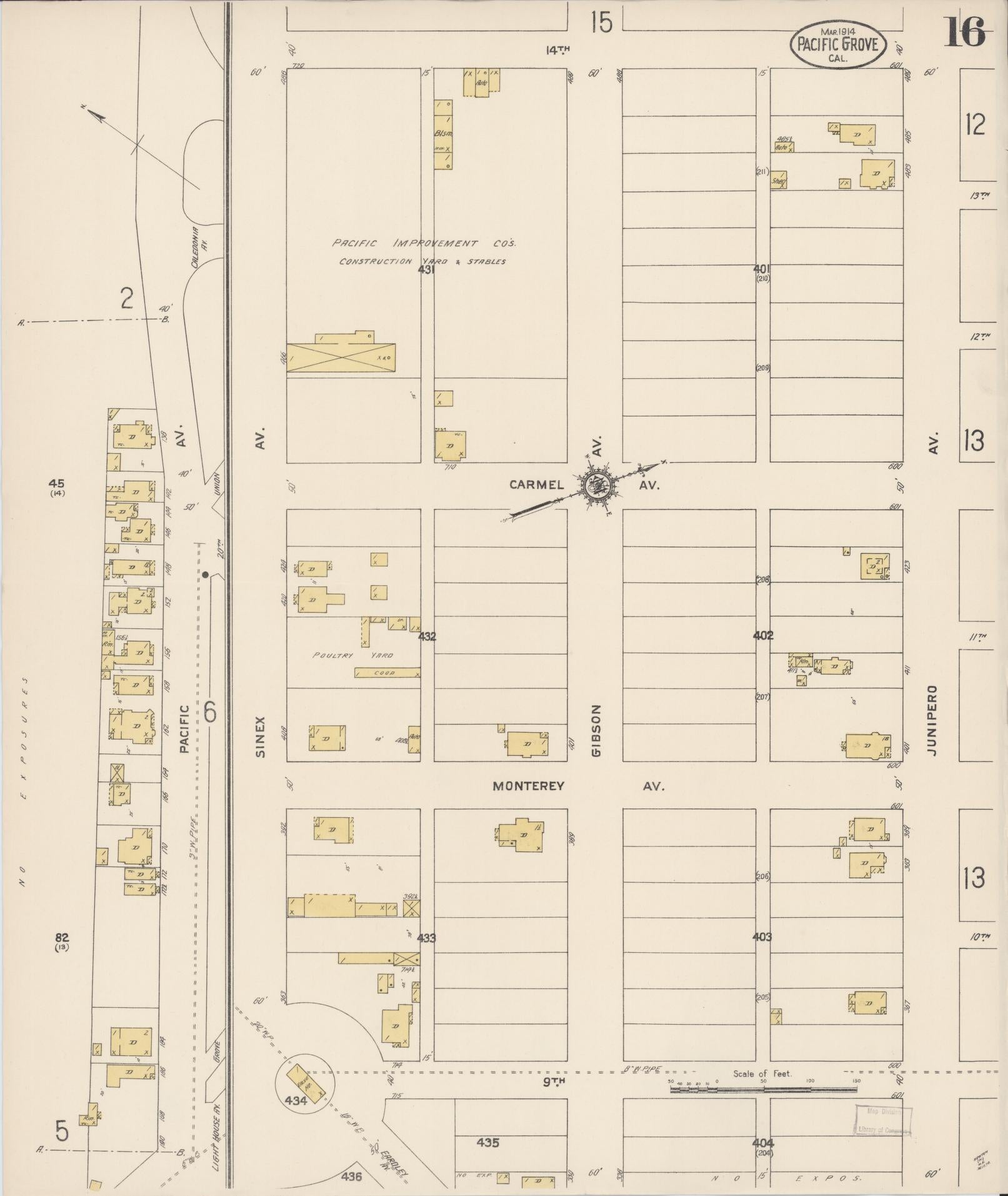 Sanborn Fire Insurance Map from Pacific Grove, Monterey County, California (1914), Sheet #0016 - Complete Map Set gallery image, historic Sanborn map, vintage wall art, California California