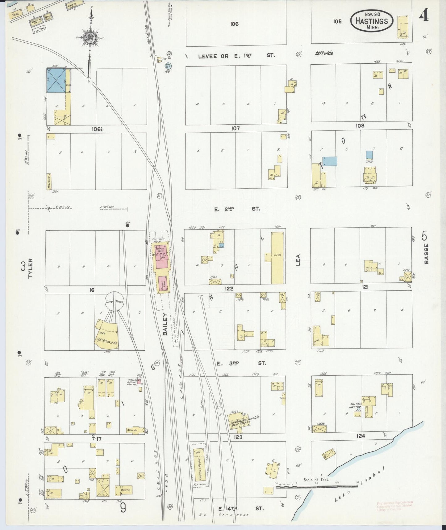 Sanborn Fire Insurance Map from Hastings, Dakota County, Minnesota (1910), Sheet #0004 - Historic Sanborn Fire Insurance Map Print, vintage old map wall art, antique decor, genealogy gift, Minnesota Minnesota map