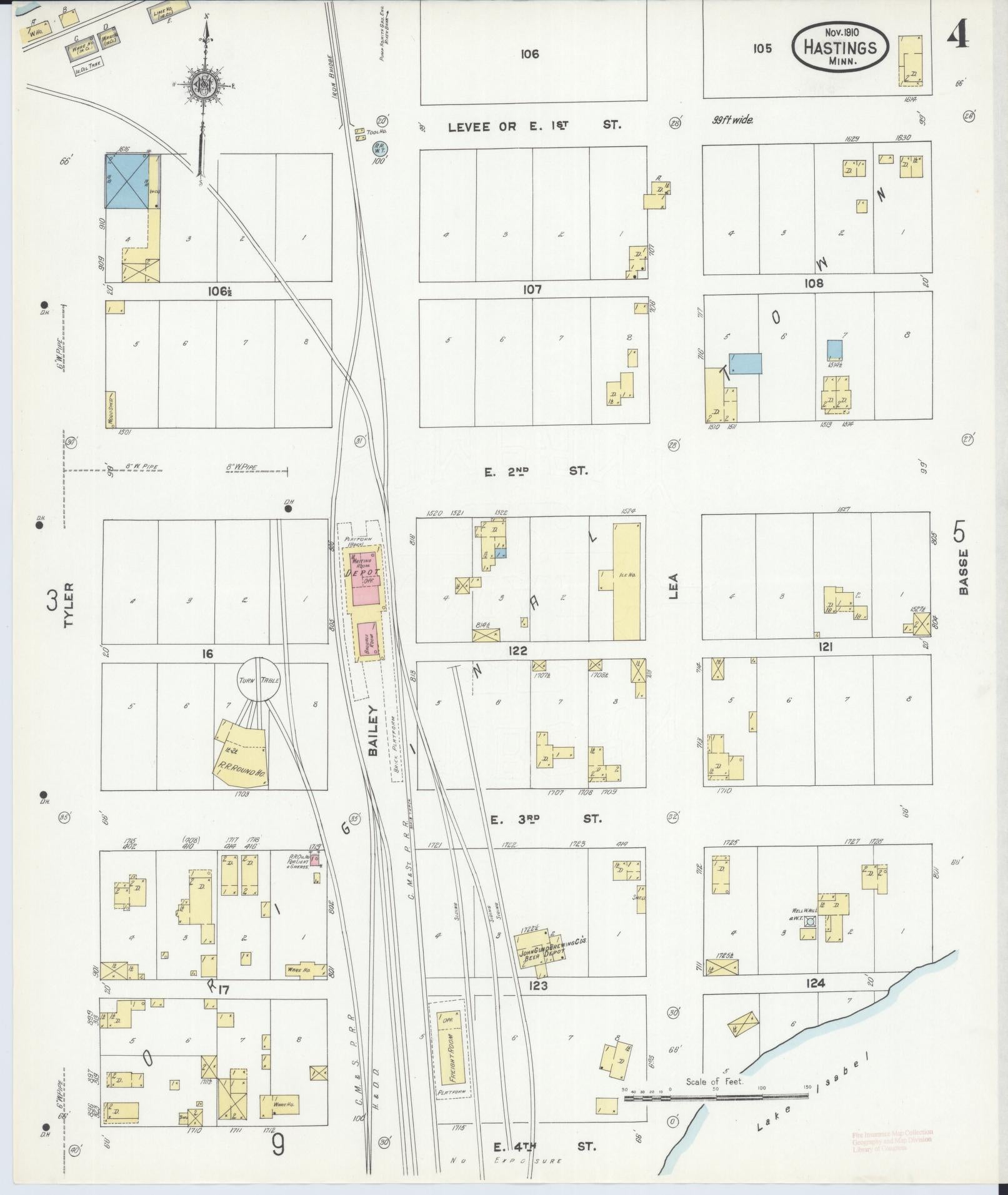 Sanborn Fire Insurance Map from Hastings, Dakota County, Minnesota (1910), Sheet #0004 - Historic Sanborn Fire Insurance Map Print, vintage old map wall art, antique decor, genealogy gift, Minnesota Minnesota map