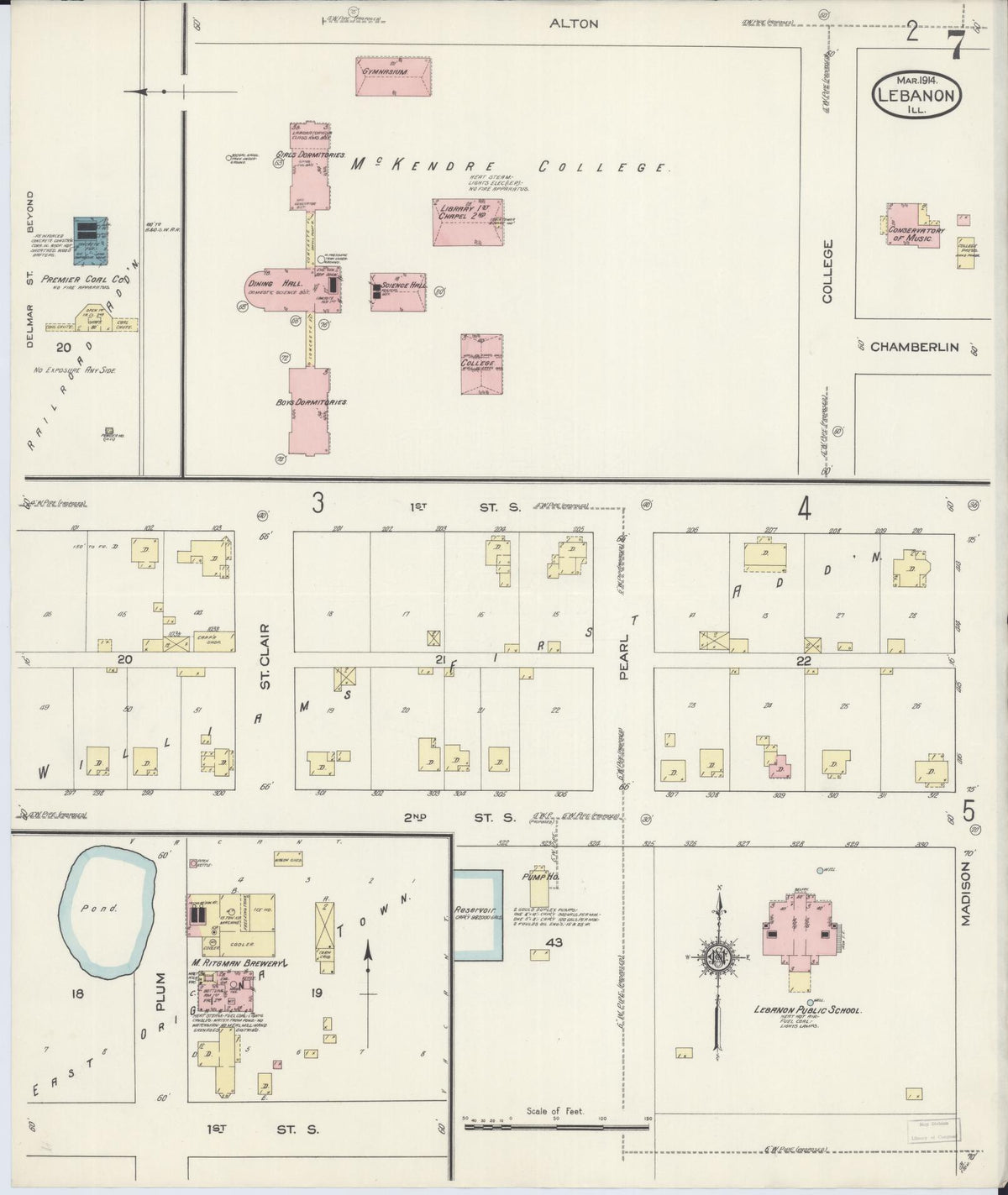 Sanborn Fire Insurance Map from Lebanon, Saint Clair County, Illinois (1914), Sheet #0007 - Historic Sanborn Fire Insurance Map Print, vintage old map wall art, antique decor, genealogy gift, Illinois Illinois map