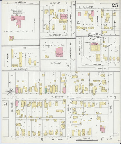 Sanborn Fire Insurance Map from Bloomington, McLean County, Illinois (1896), Sheet #0025 - Historic Sanborn Fire Insurance Map Print, vintage old map wall art, antique decor, genealogy gift, Illinois Illinois map