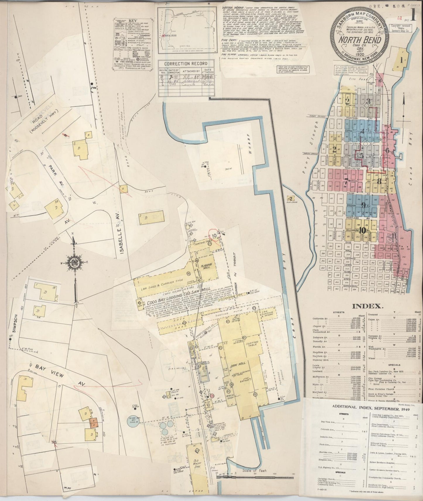 Sanborn Fire Insurance Map from North Bend, Coos County, Oregon (1949), Sheet #0001 - Historic Sanborn Fire Insurance Map Print, vintage old map wall art, antique decor, genealogy gift, Oregon Oregon map