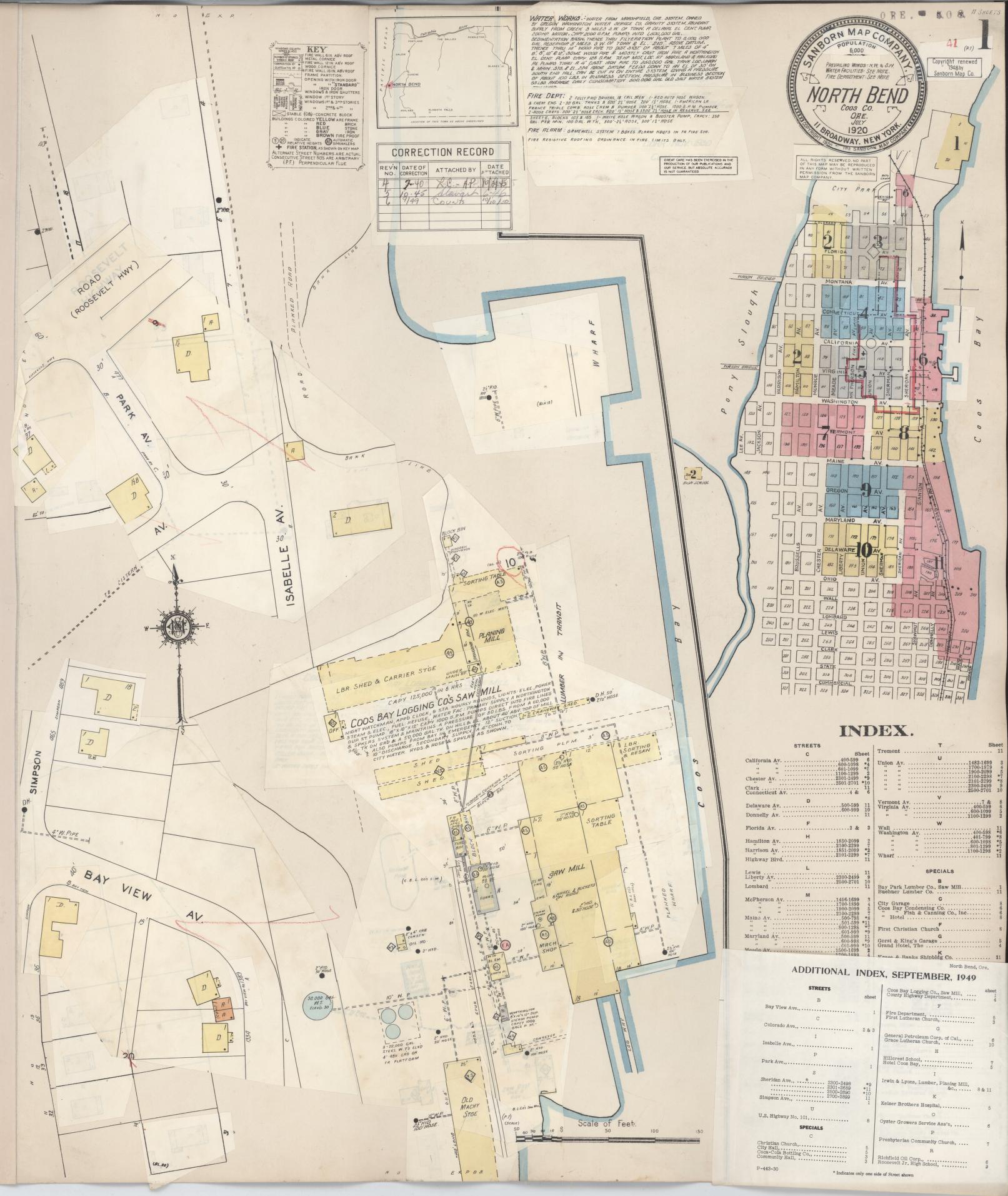 Sanborn Fire Insurance Map from North Bend, Coos County, Oregon (1949), Sheet #0001 - Historic Sanborn Fire Insurance Map Print, vintage old map wall art, antique decor, genealogy gift, Oregon Oregon map