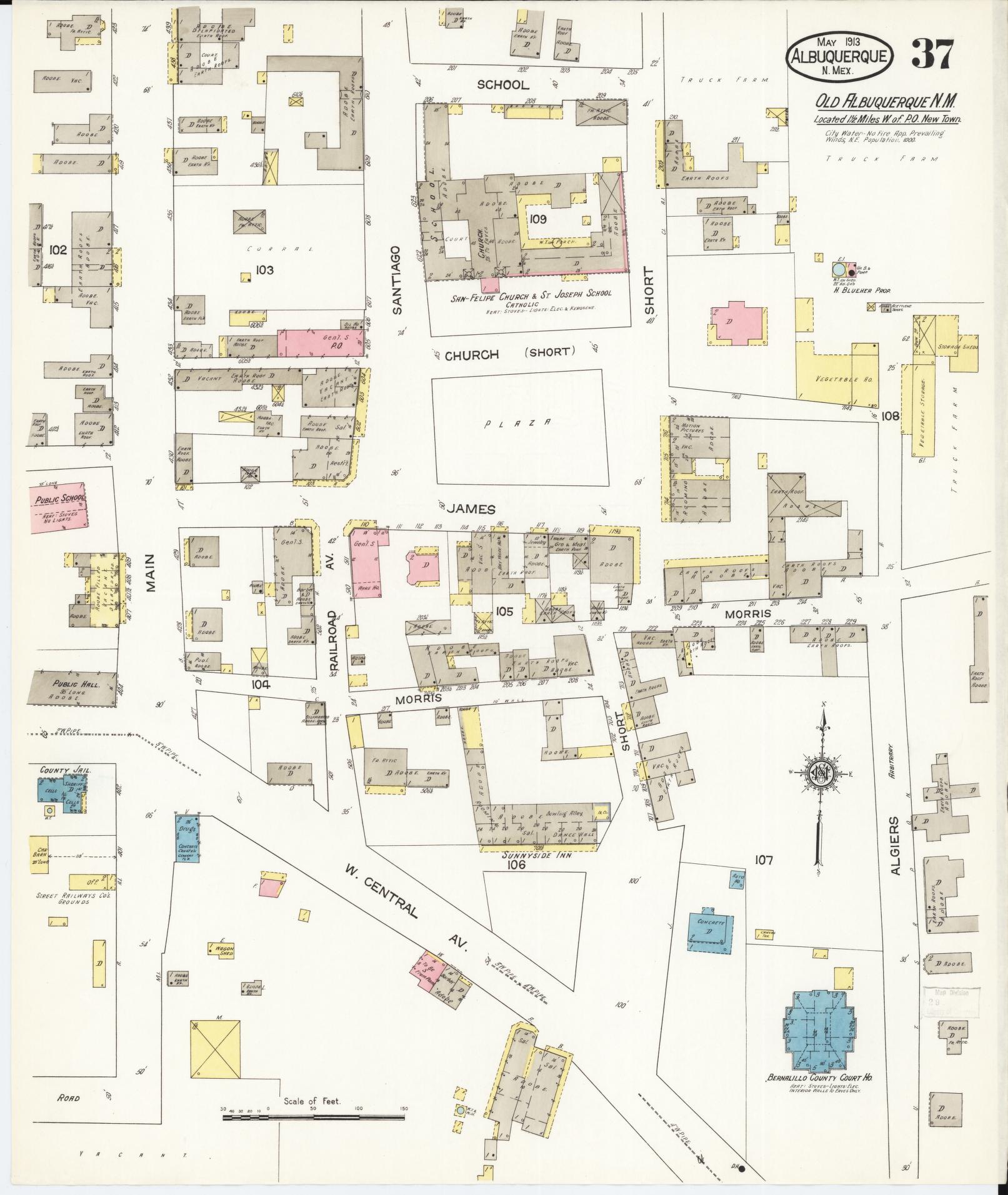 Sanborn Fire Insurance Map from Albuquerque, Bernalillo County, New Mexico (1913), Sheet #0037 - Historic Sanborn Fire Insurance Map Print, vintage old map wall art, antique decor, genealogy gift, New Mexico New Mexico map