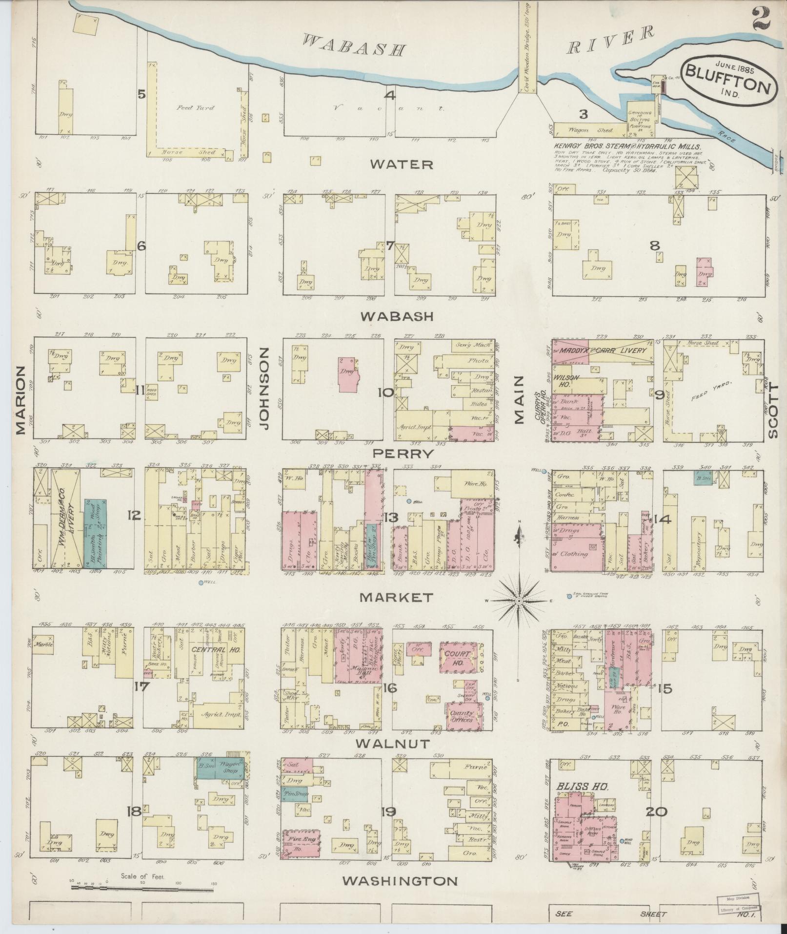 Sanborn Fire Insurance Map from Bluffton, Wells County, Indiana (1885), Sheet #0002 - Complete Map Set gallery image, historic Sanborn map, vintage wall art, Indiana Indiana
