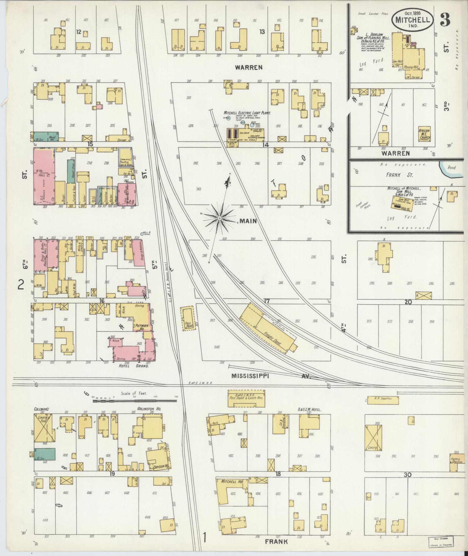 Sanborn Fire Insurance Map from Mitchell, Lawrence County, Indiana (1899), Sheet #0003 - Complete Map Set gallery image, historic Sanborn map, vintage wall art, Indiana Indiana