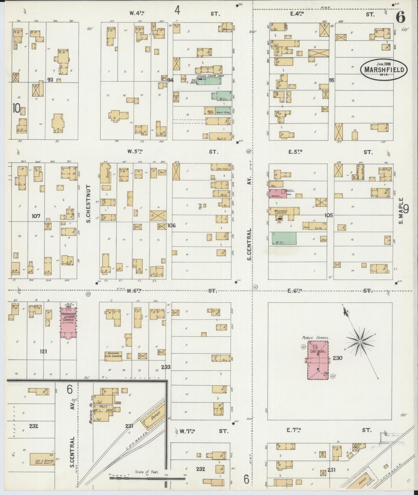 Sanborn Fire Insurance Map from Marshfield, Wood County, Wisconsin (1898), Sheet #0006 - Historic Sanborn Fire Insurance Map Print, vintage old map wall art, antique decor, genealogy gift, Wisconsin Wisconsin map