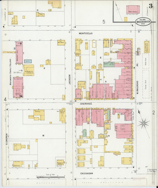Sanborn Fire Insurance Map from Brookhaven, Lincoln County, Mississippi (1900), Sheet #0003 - Historic Sanborn Fire Insurance Map Print, vintage old map wall art, antique decor, genealogy gift, Mississippi Mississippi map