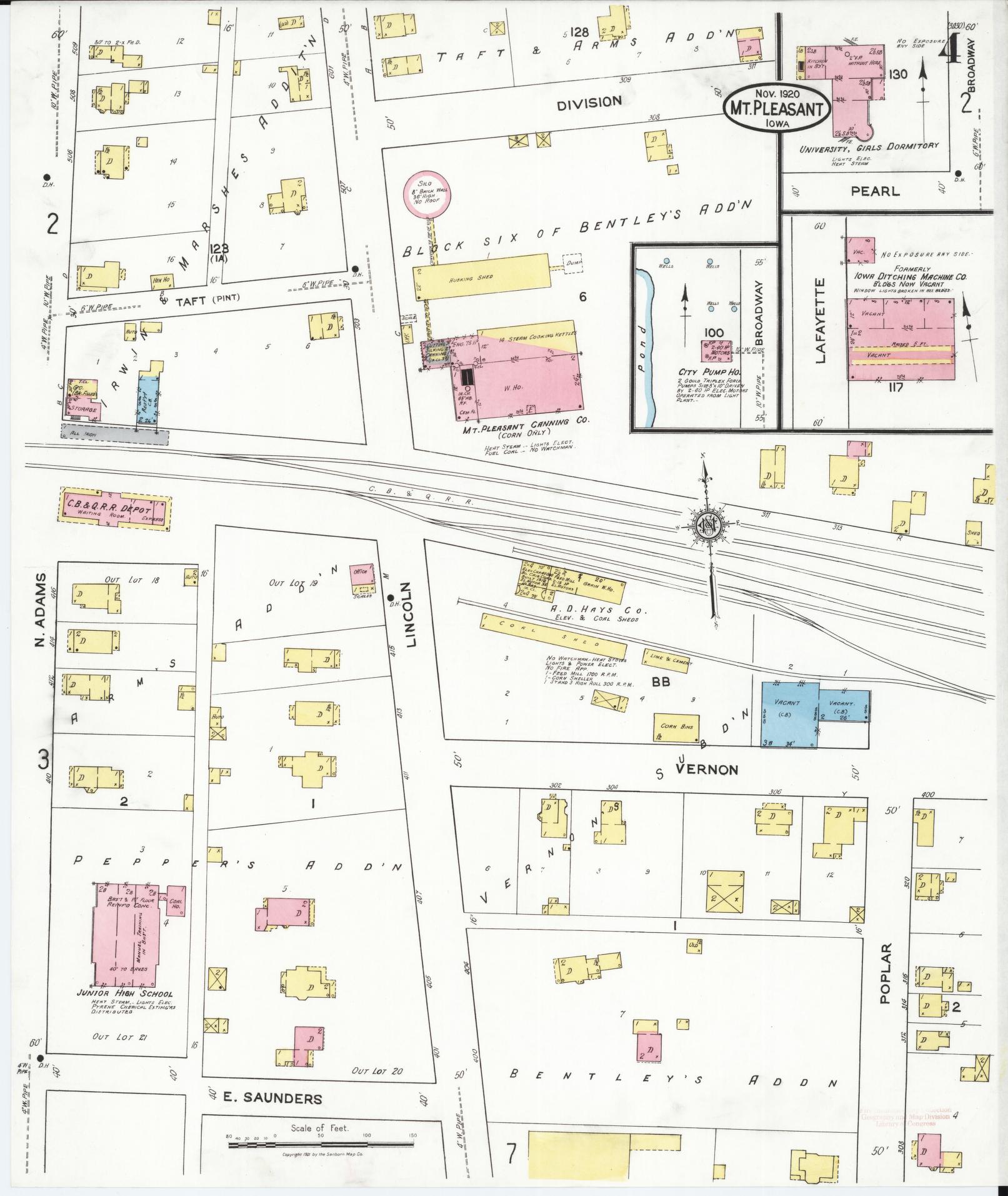 Sanborn Fire Insurance Map from Mount Pleasant, Henry County, Iowa (1920), Sheet #0004 - Historic Sanborn Fire Insurance Map Print