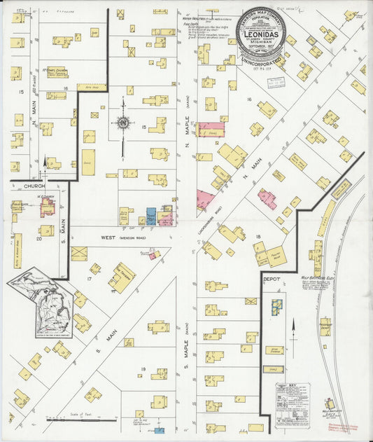 Sanborn Fire Insurance Map from Leonidas, Saint Joseph County, Michigan (1927), Sheet #0001 - Historic Sanborn Fire Insurance Map Print, vintage old map wall art, antique decor, genealogy gift, Michigan Michigan map