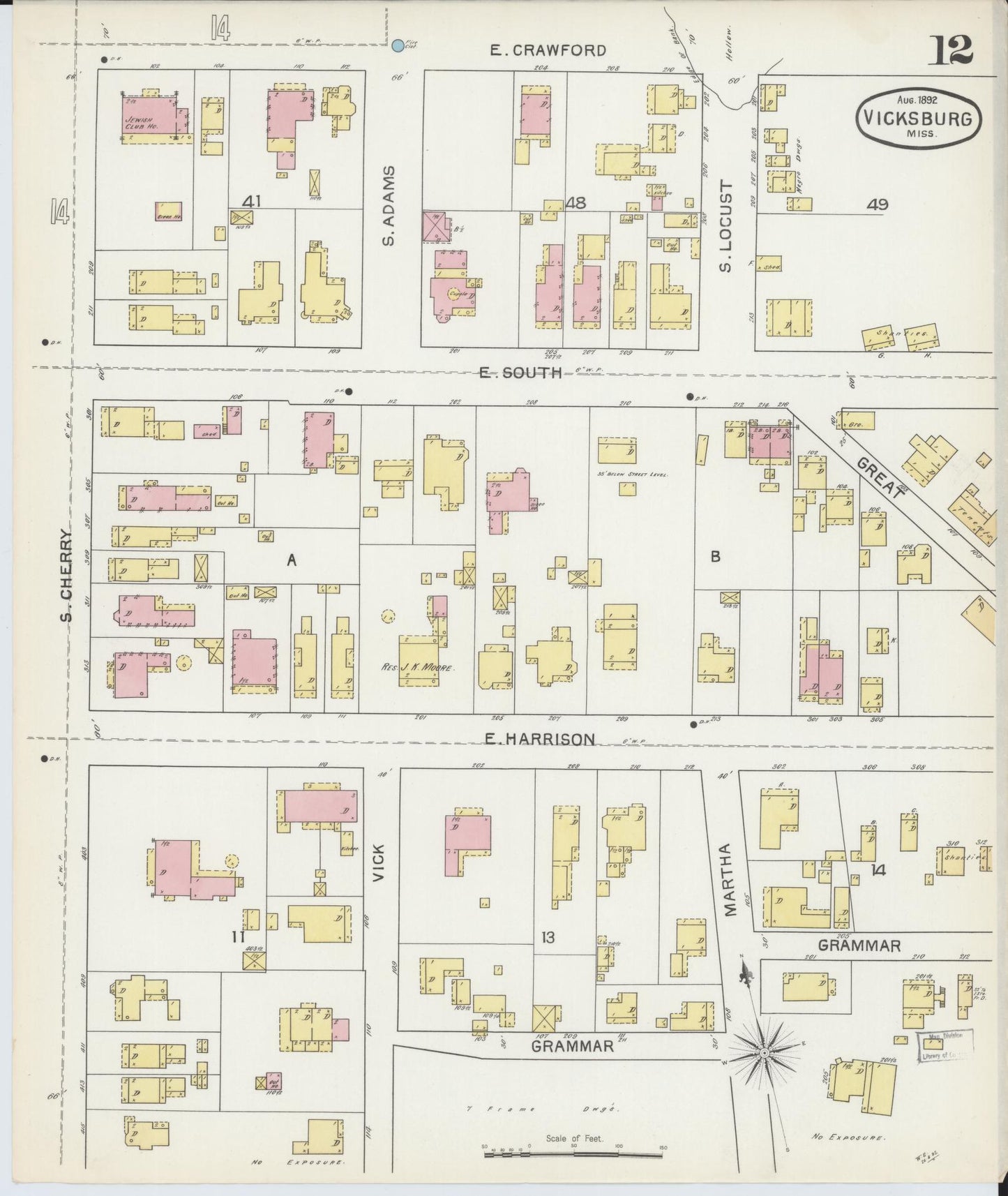 Sanborn Fire Insurance Map from Vicksburg, Warren County, Mississippi (1892), Sheet #0012 - Historic Sanborn Fire Insurance Map Print, vintage old map wall art, antique decor, genealogy gift, Mississippi Mississippi map