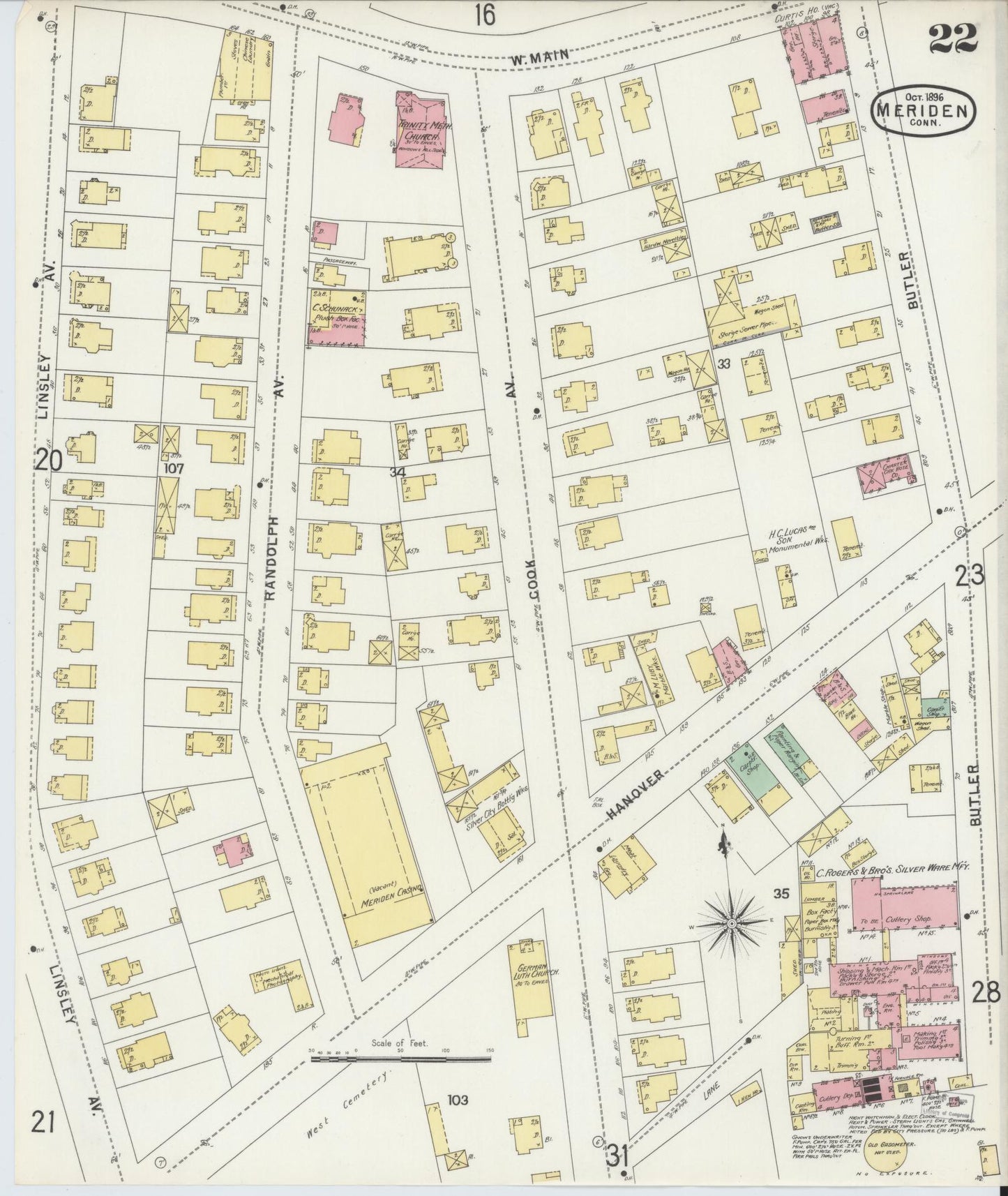 Sanborn Fire Insurance Map from Meriden, New Haven County, Connecticut (1896), Sheet #0022 - Complete Map Set gallery image, historic Sanborn map, vintage wall art, Connecticut Connecticut