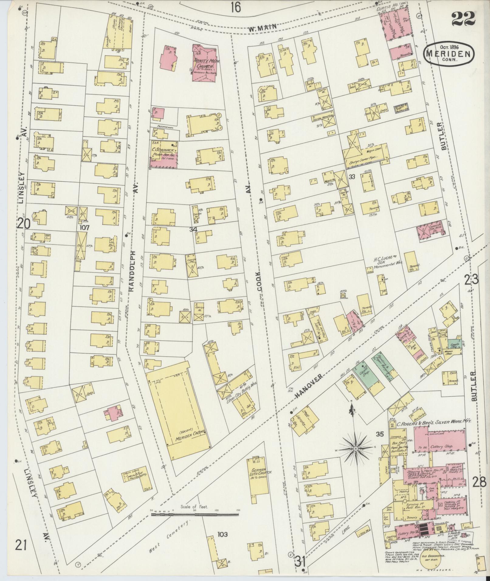 Sanborn Fire Insurance Map from Meriden, New Haven County, Connecticut (1896), Sheet #0022 - Complete Map Set gallery image, historic Sanborn map, vintage wall art, Connecticut Connecticut